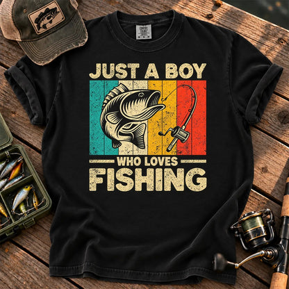 Just a Boy Who Loves Fishing T-Shirt in Black