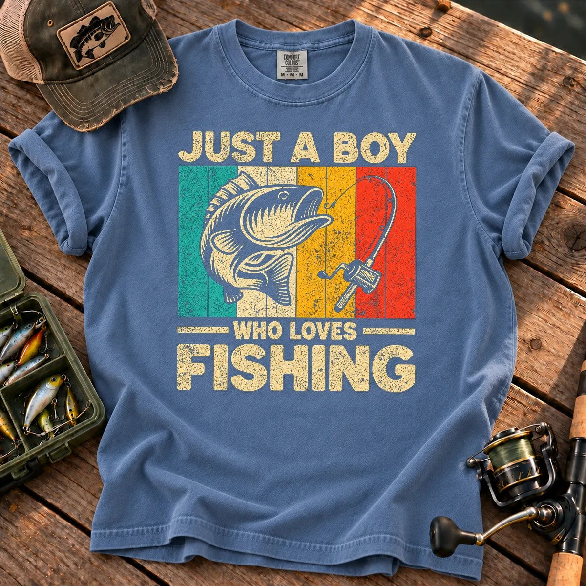 Just a Boy Who Loves Fishing T-Shirt in Blue Jean