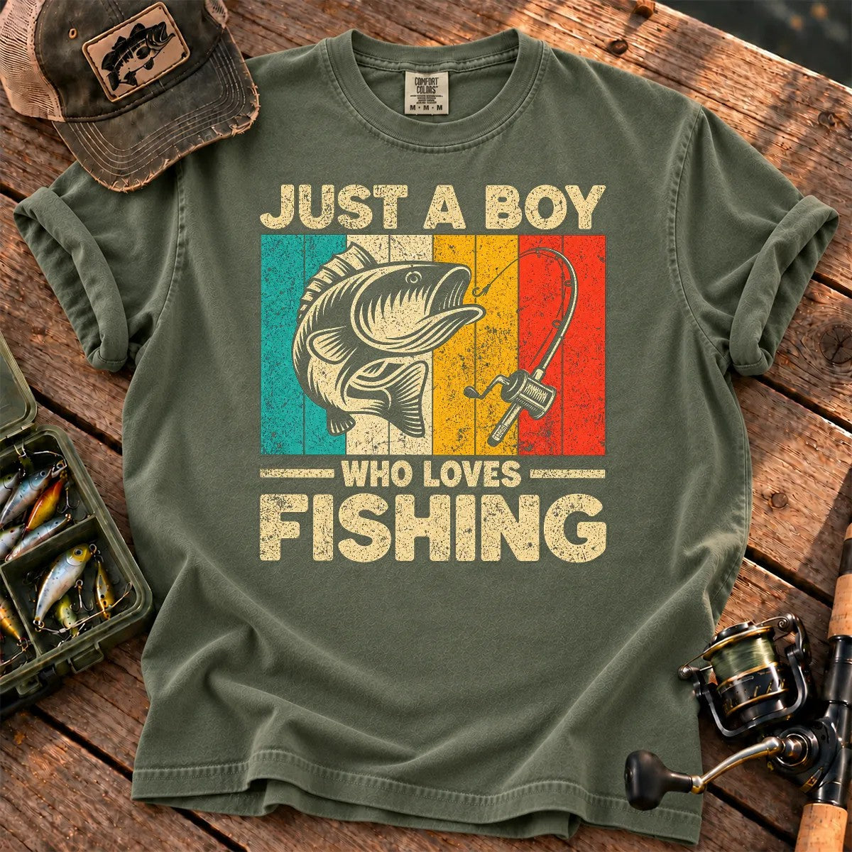 Just a Boy Who Loves Fishing T-Shirt in Moss