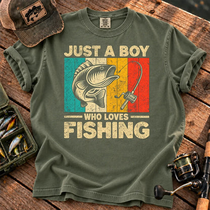 Just a Boy Who Loves Fishing T-Shirt in Moss
