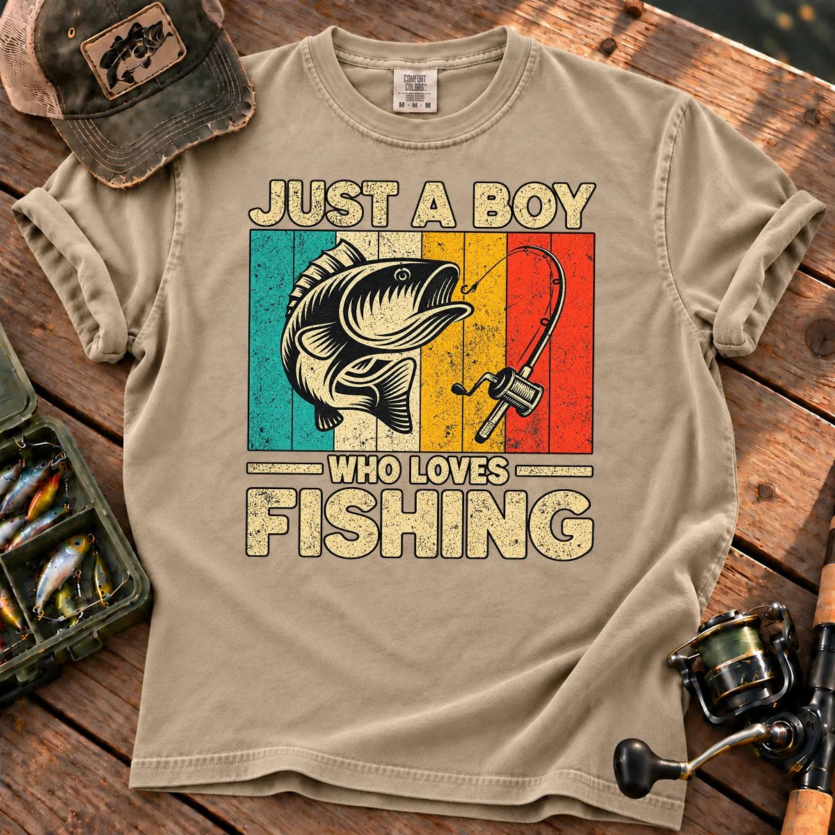 Just a Boy Who Loves Fishing T-Shirt in Sandstone