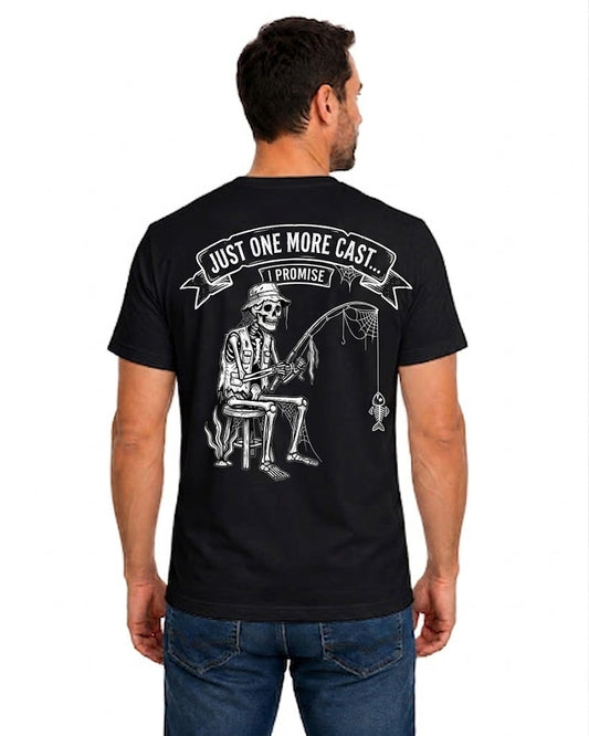 Black T-shirt back with seated skeleton fisherman and Just One More Cast back graphic