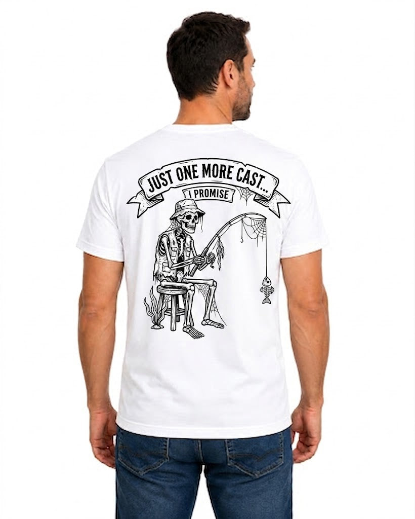 White T-shirt back with seated skeleton fisherman and Just One More Cast back graphic