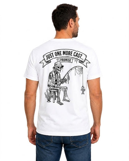 White T-shirt back with seated skeleton fisherman and Just One More Cast back graphic