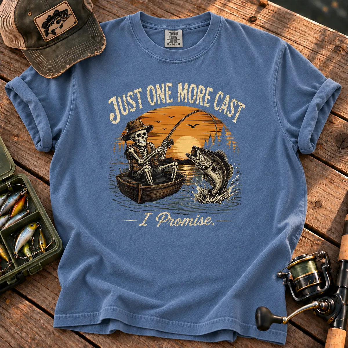 Just One More Cast Skeleton T-Shirt in Blue Jean