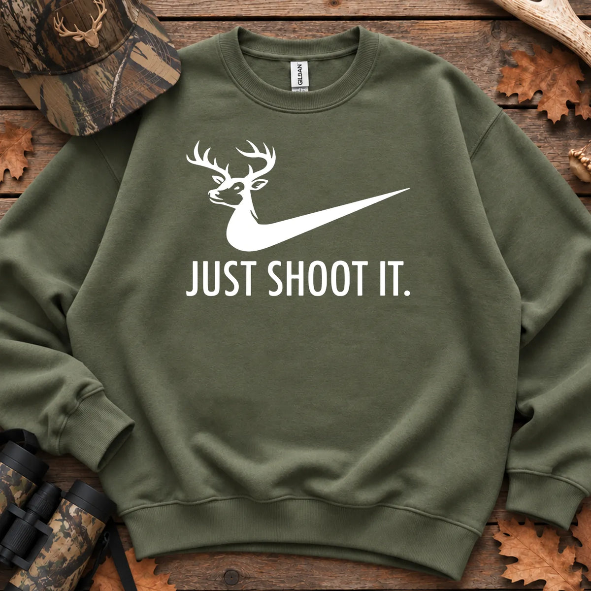 Just Shoot It Deer Sweatshirt in Military Green