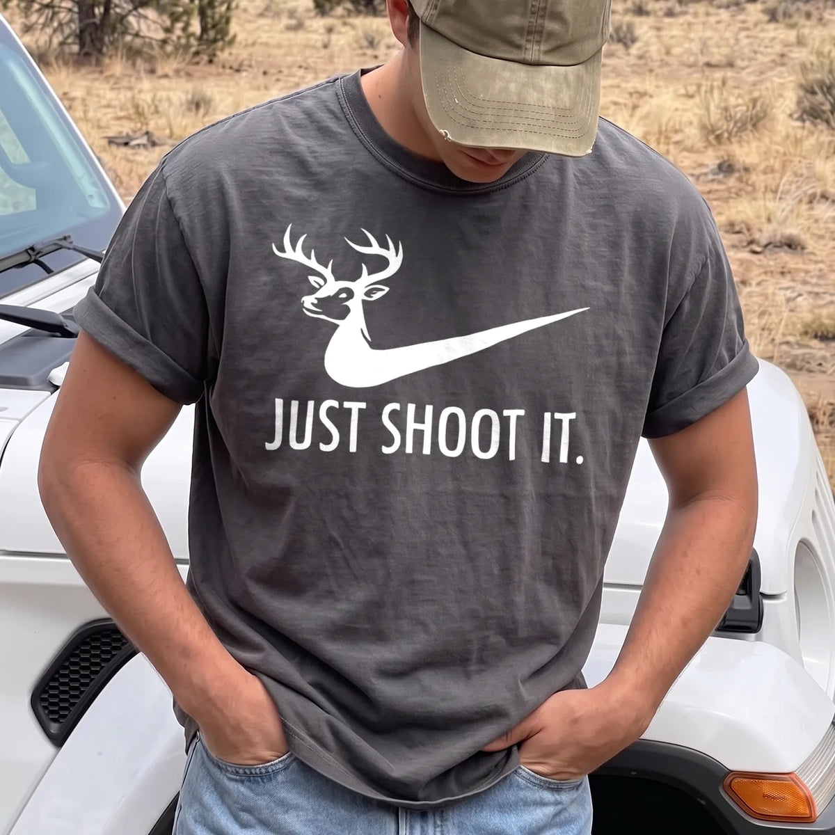 Just Shoot It Deer T-Shirt Men model in Pepper