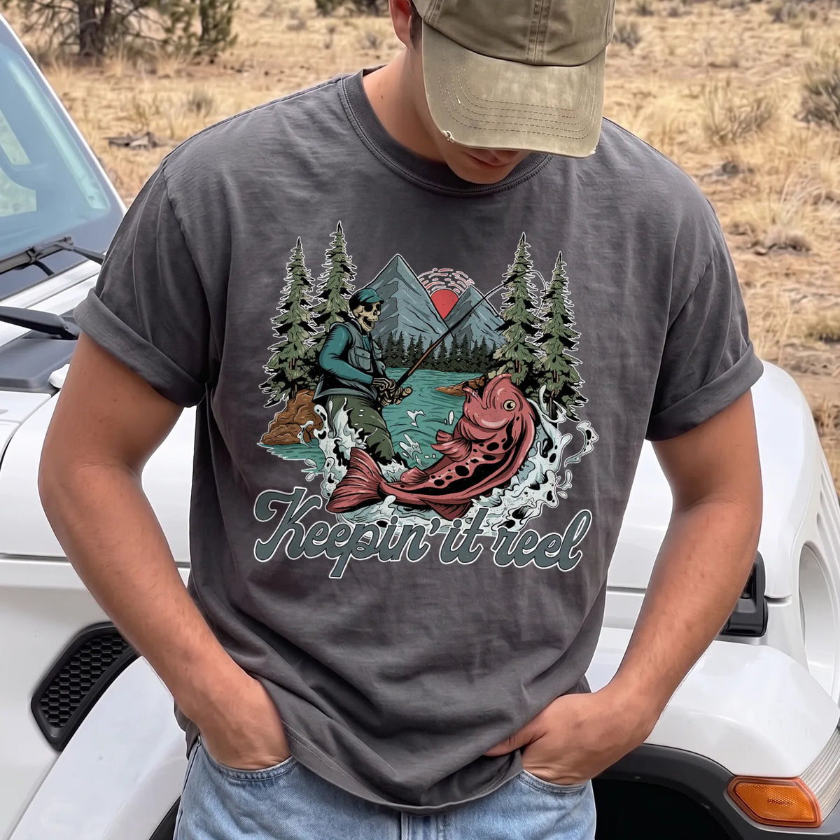 Keepin It Reel Skeleton T-Shirt Men model in Pepper