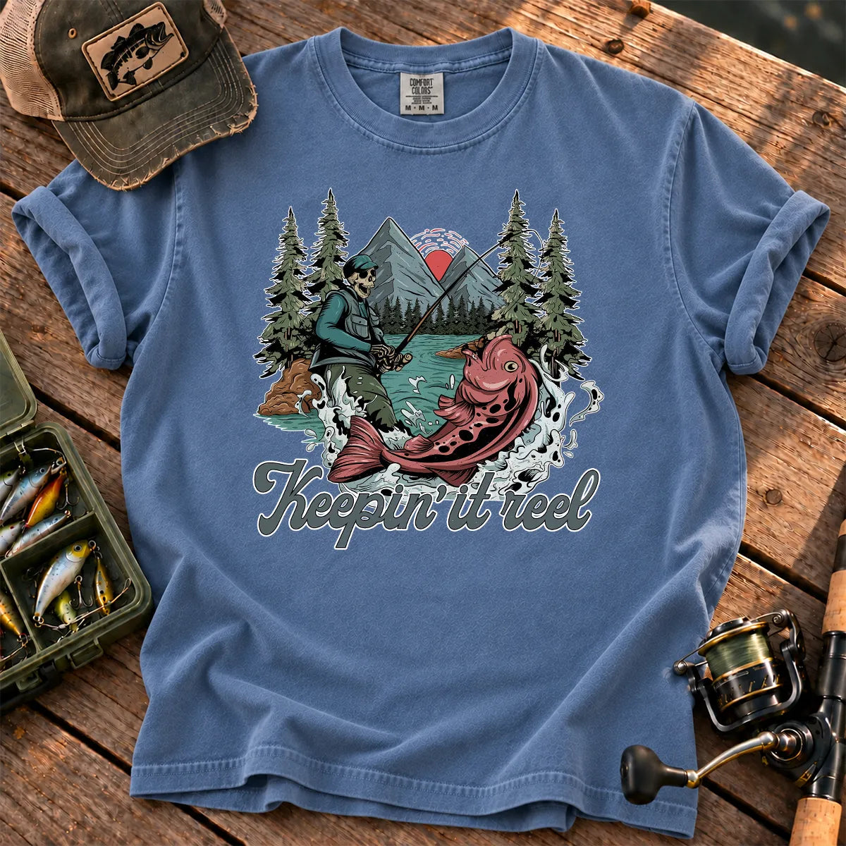 Keepin It Reel Skeleton T-Shirt in Blue Jean