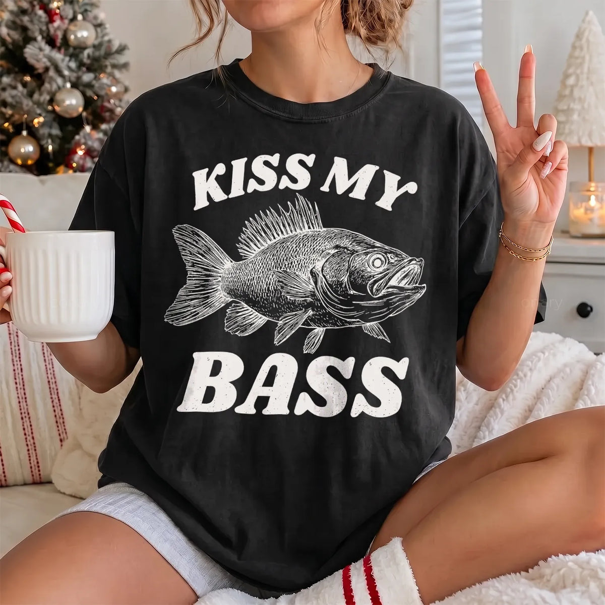 Kiss My Bass Detailed T-Shirt Women model in Black