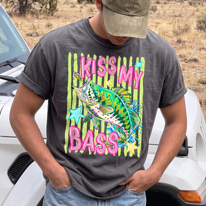 Kiss My Bass Neon T-Shirt Men model in Pepper