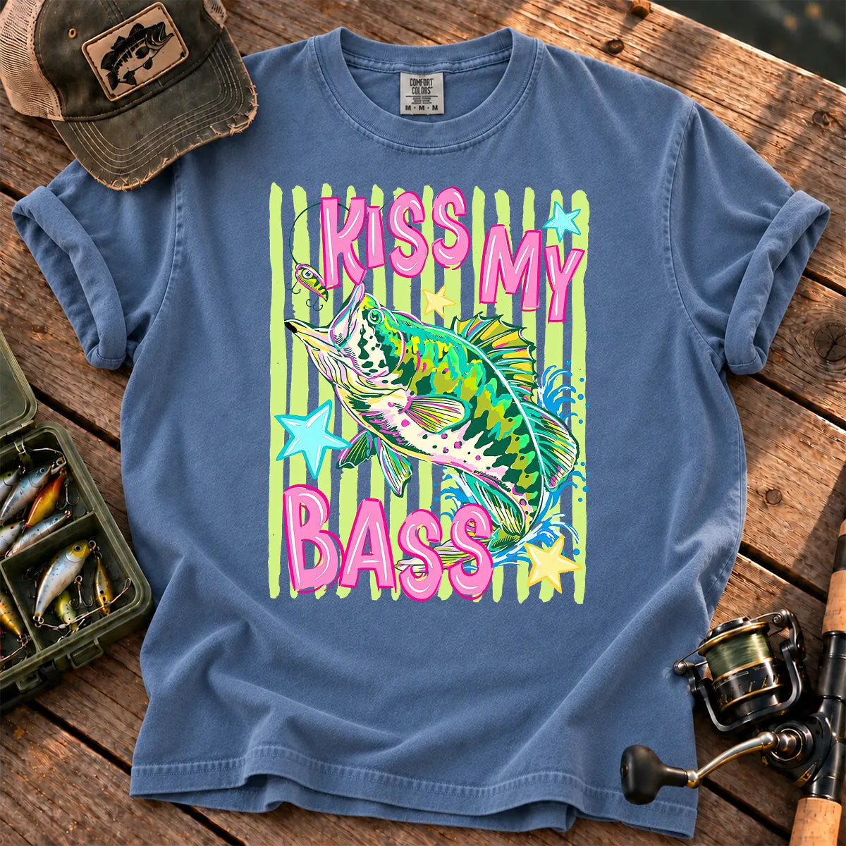 Kiss My Bass Neon T-Shirt in Blue Jean