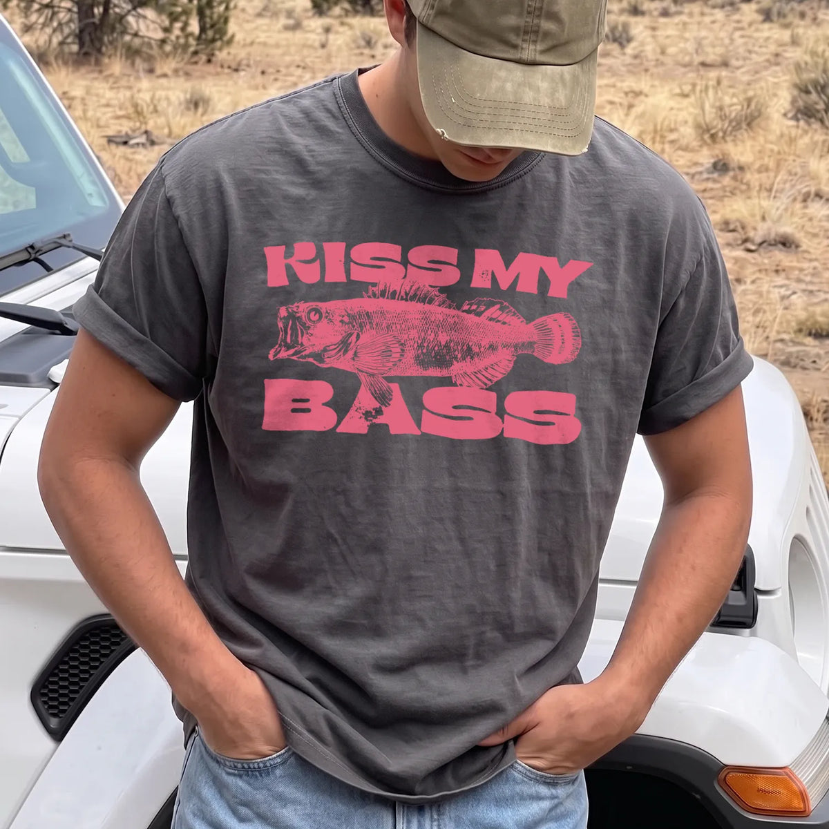 Kiss My Bass Pink T-Shirt Men model in Pepper