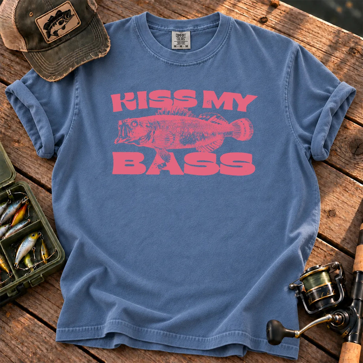 Kiss My Bass Pink T-Shirt in Blue Jean