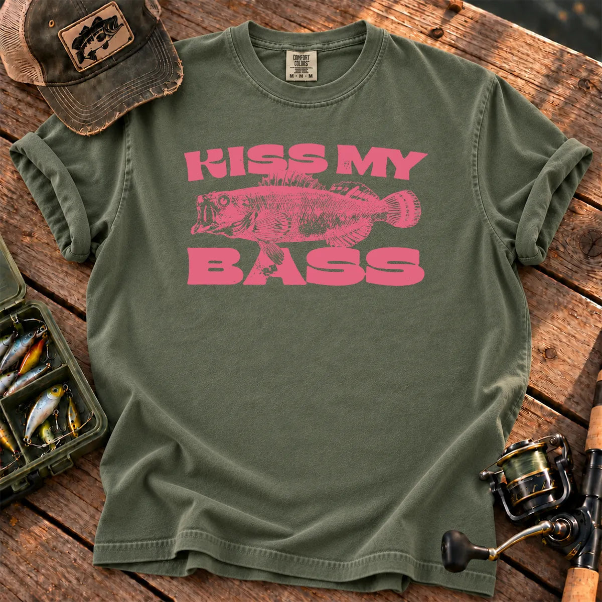 Kiss My Bass Pink T-Shirt in Moss