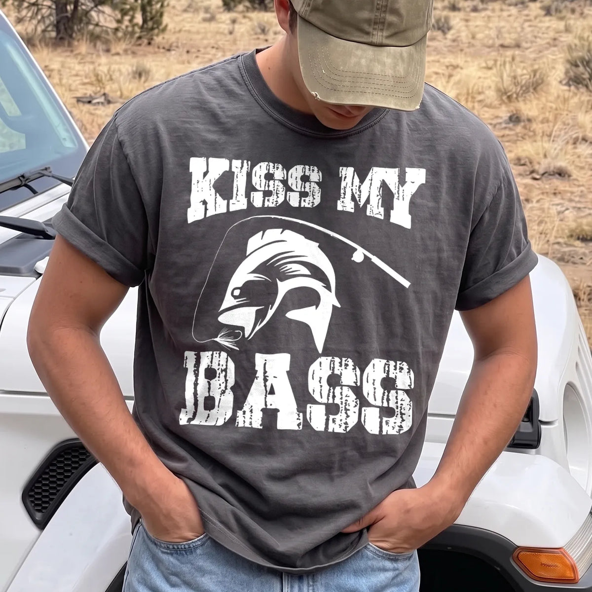 Kiss My Bass Skeleton T-Shirt Men model in Pepper