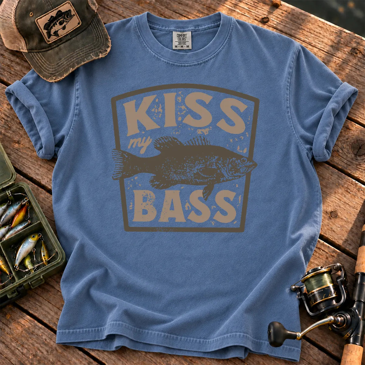 Kiss My Bass Vintage Badge T-Shirt in Blue Jean