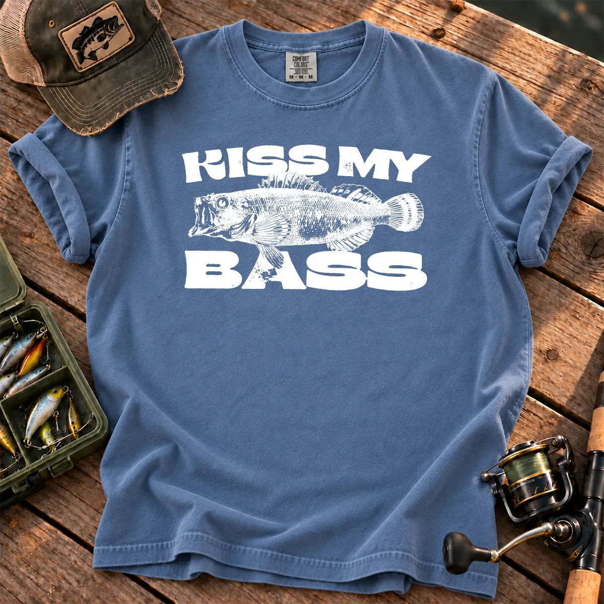Kiss My Bass White T-Shirt in Blue Jean