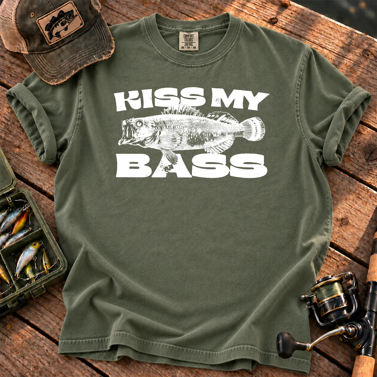 Kiss My Bass White T-Shirt in Moss