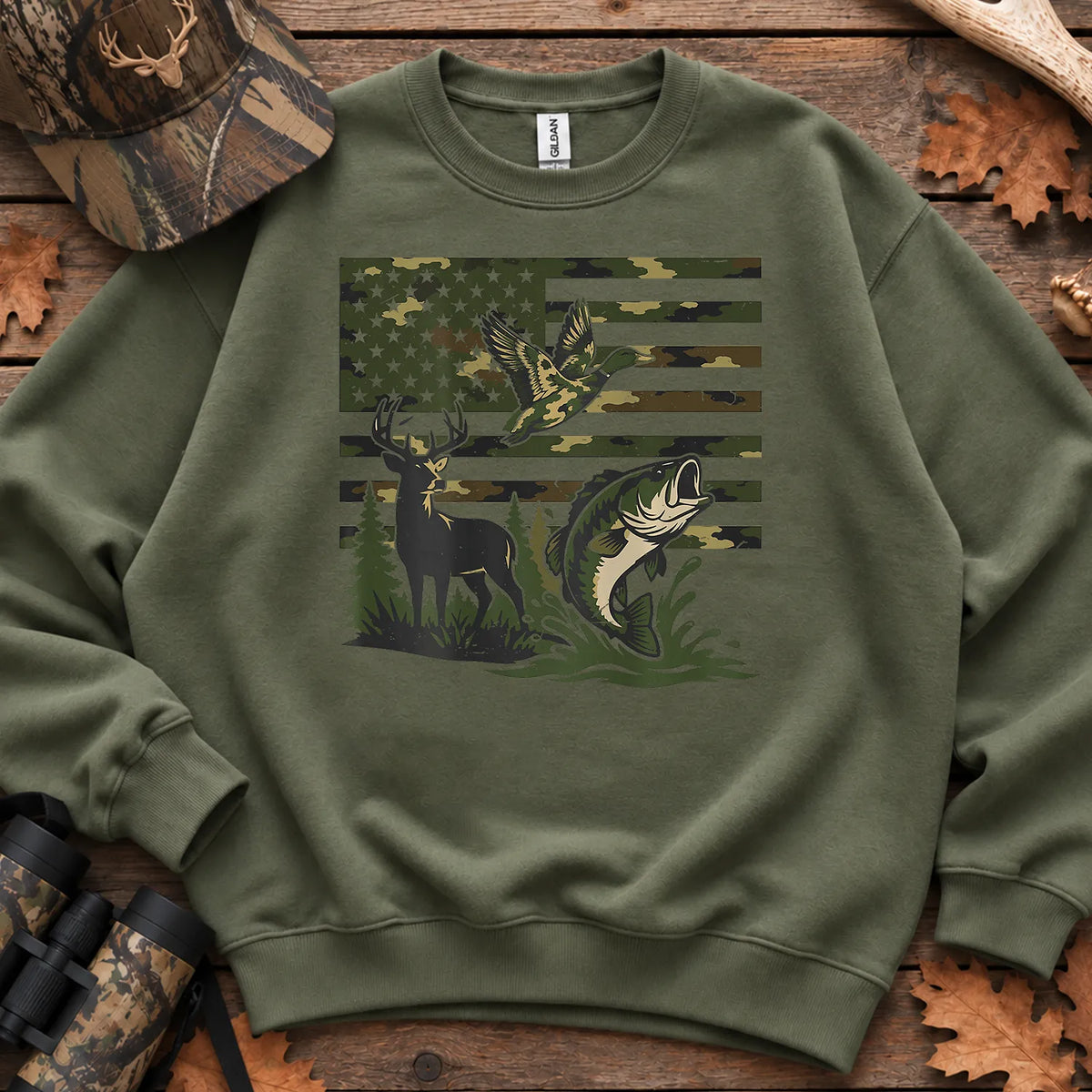 Local Southern Boy American Flag Outdoors Sweatshirt in Military Green