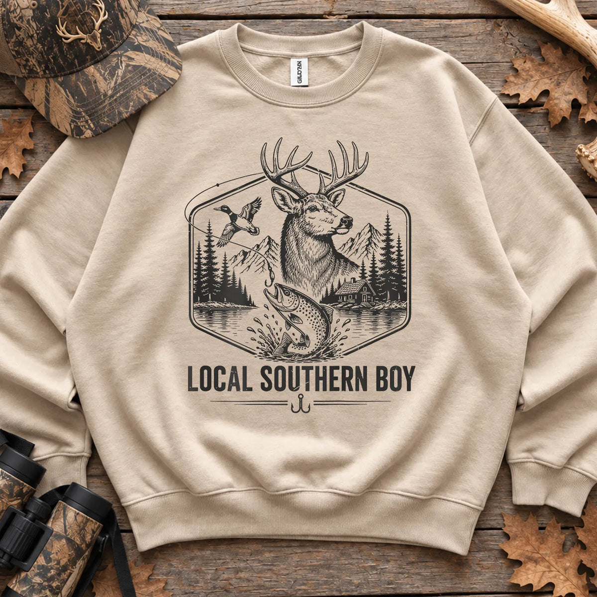 Local Southern Boy Hunting and Fishing Sweatshirt in Sand