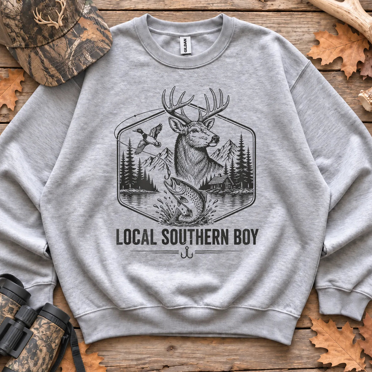 Local Southern Boy Hunting and Fishing Sweatshirt in Sport Grey