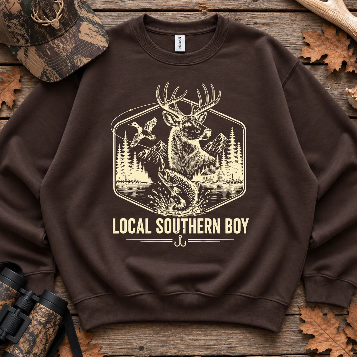 Local Southern Boy Hunting and Fishing Sweatshirt in Dark Chocolate