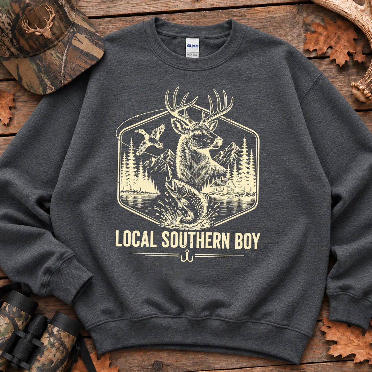 Local Southern Boy Hunting and Fishing Sweatshirt in Dark Heather