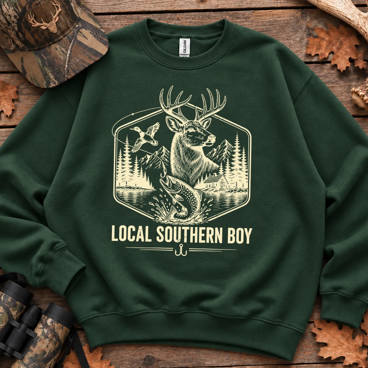 Local Southern Boy Hunting and Fishing Sweatshirt in Forest Green