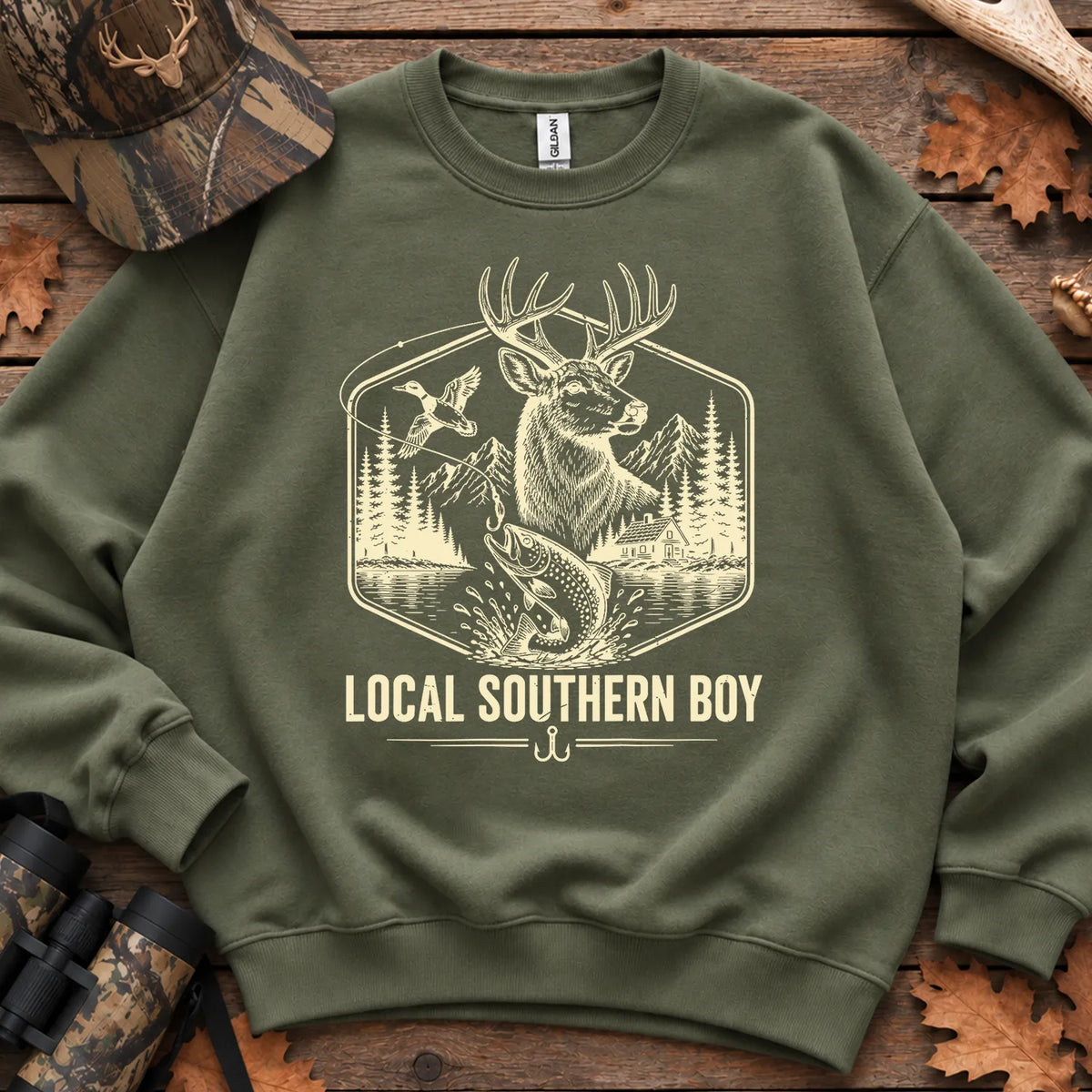 Local Southern Boy Hunting and Fishing Sweatshirt in Military Green