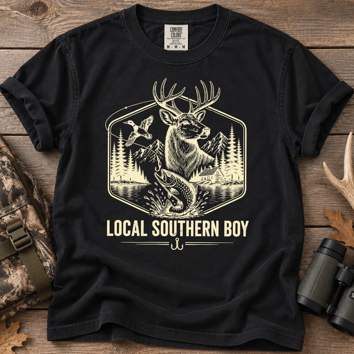 Local Southern Boy Hunting and Fishing T-Shirt in Black