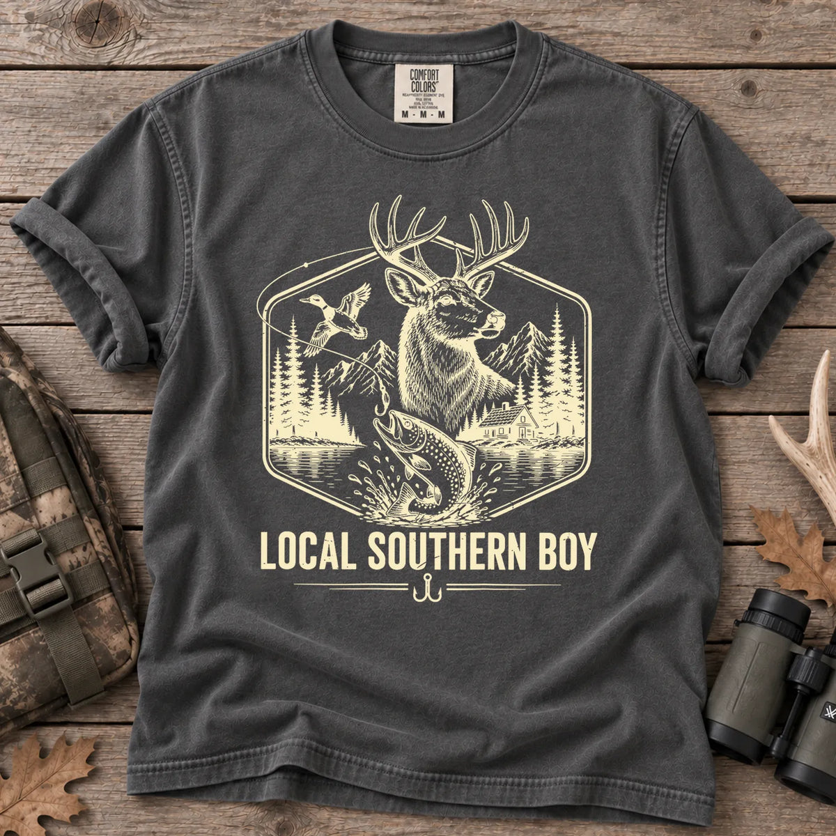 Local Southern Boy Hunting and Fishing T-Shirt in Pepper