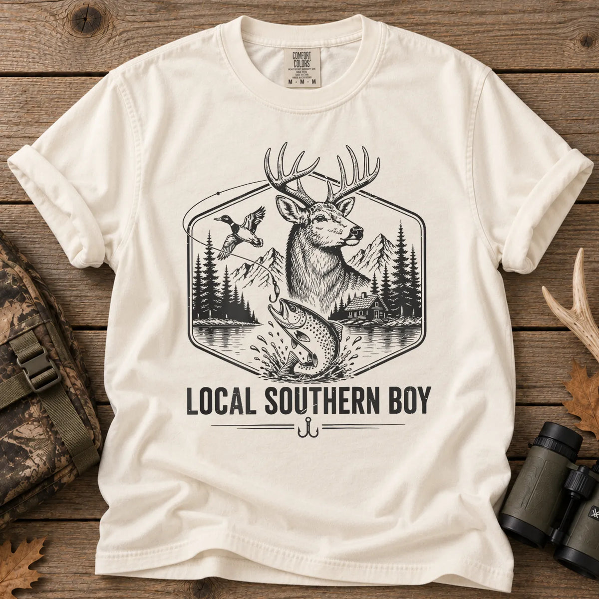 Local Southern Boy Hunting and Fishing T-Shirt in Ivory