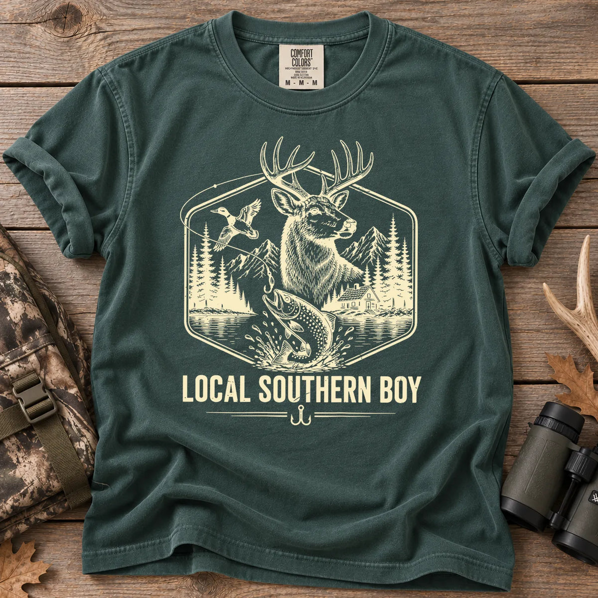 Local Southern Boy Hunting and Fishing T-Shirt Blue Spruce - Front