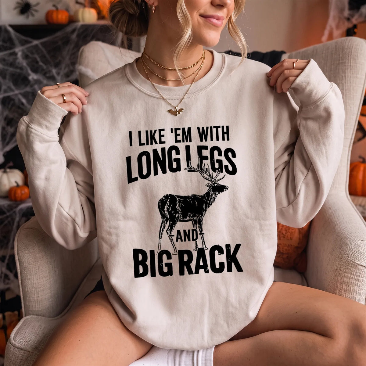 Long Legs and Big Rack Deer Sweatshirt Women model in Sand