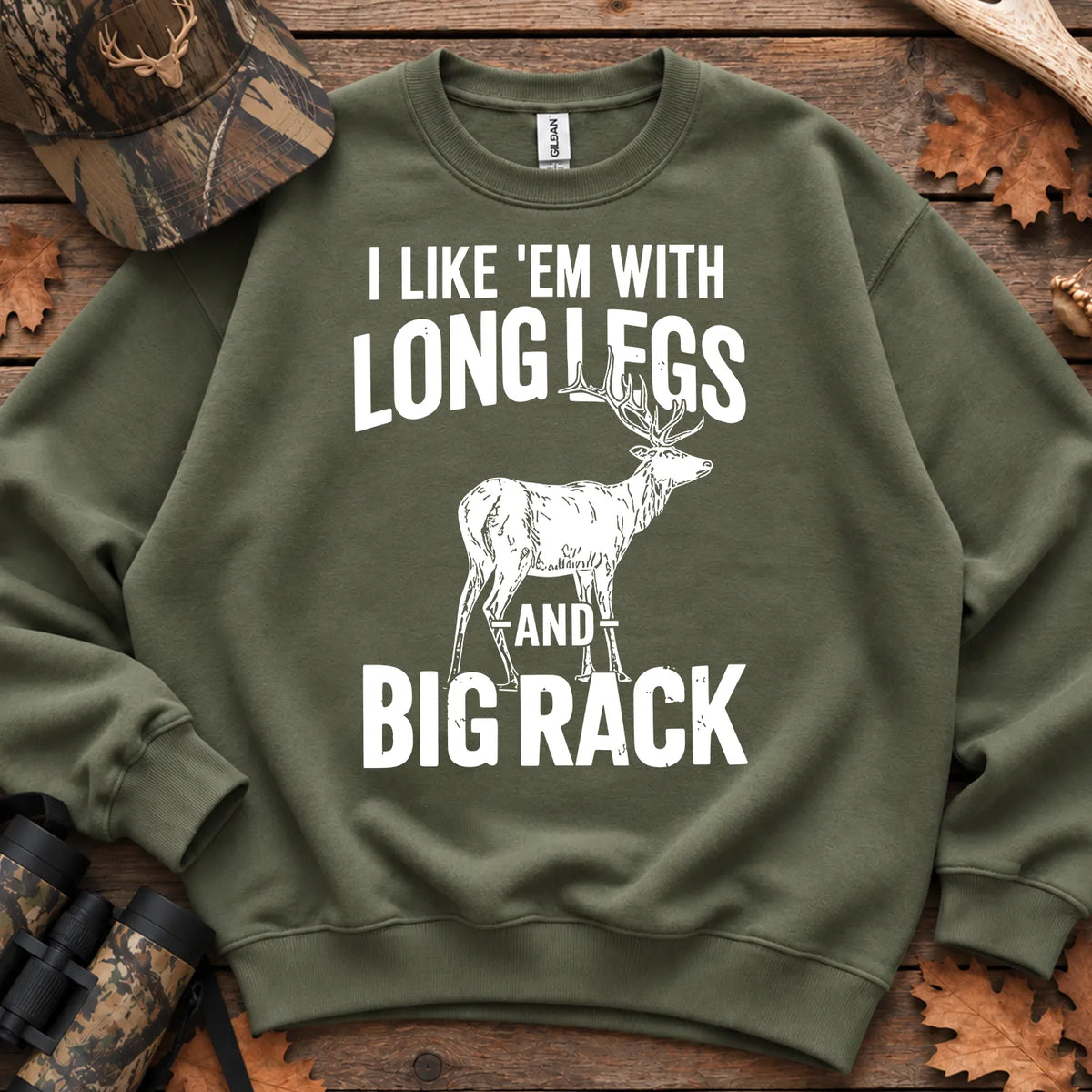 Long Legs and Big Rack Deer Sweatshirt in Military Green