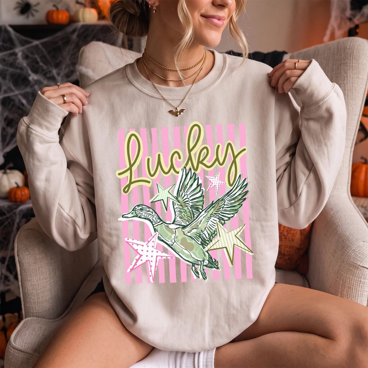 Lucky Duck Striped Sweatshirt Women model in Sand