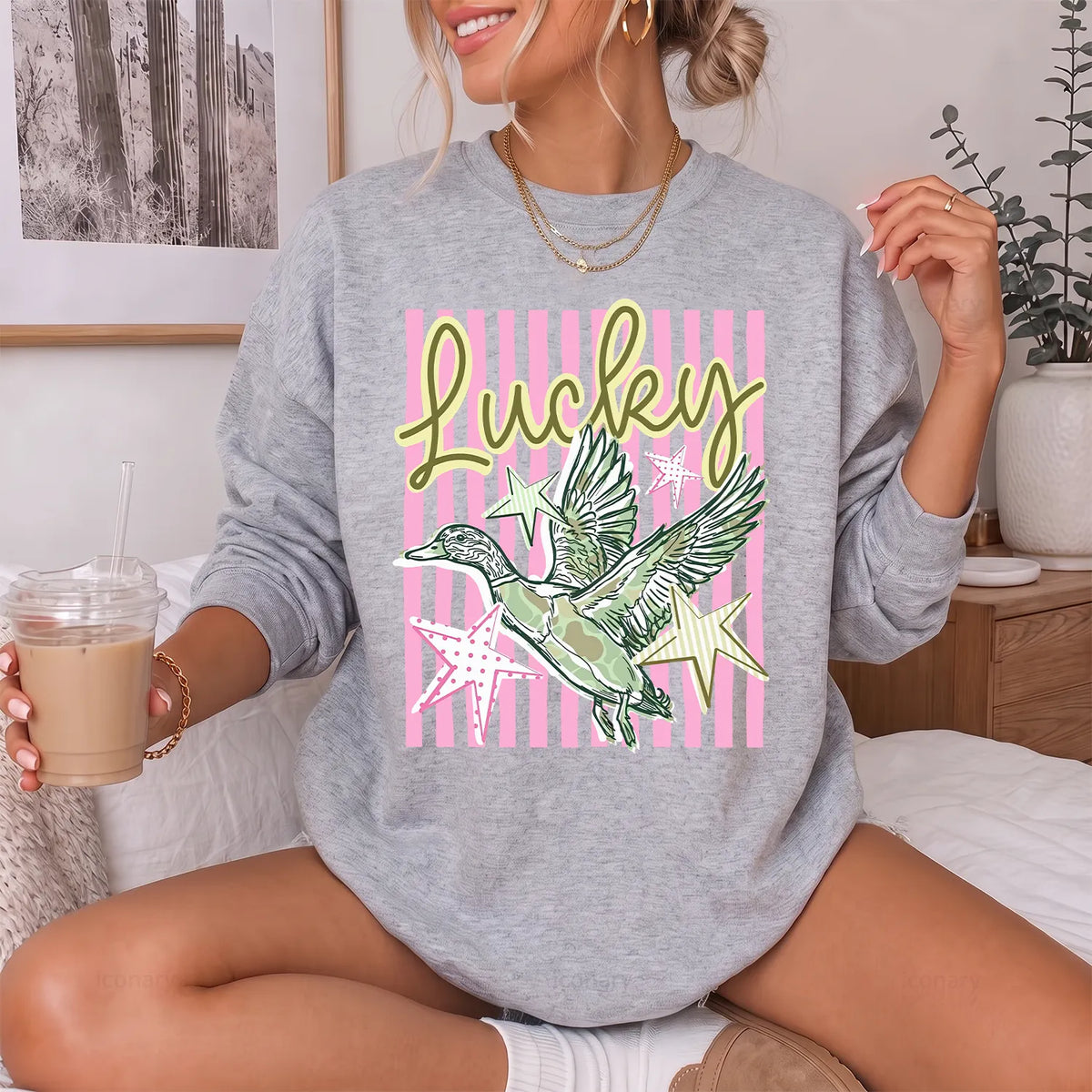 Lucky Duck Striped Sweatshirt Women model in Sport Grey
