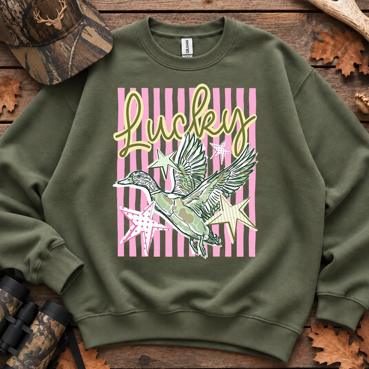 Lucky Duck Striped Sweatshirt in Military Green