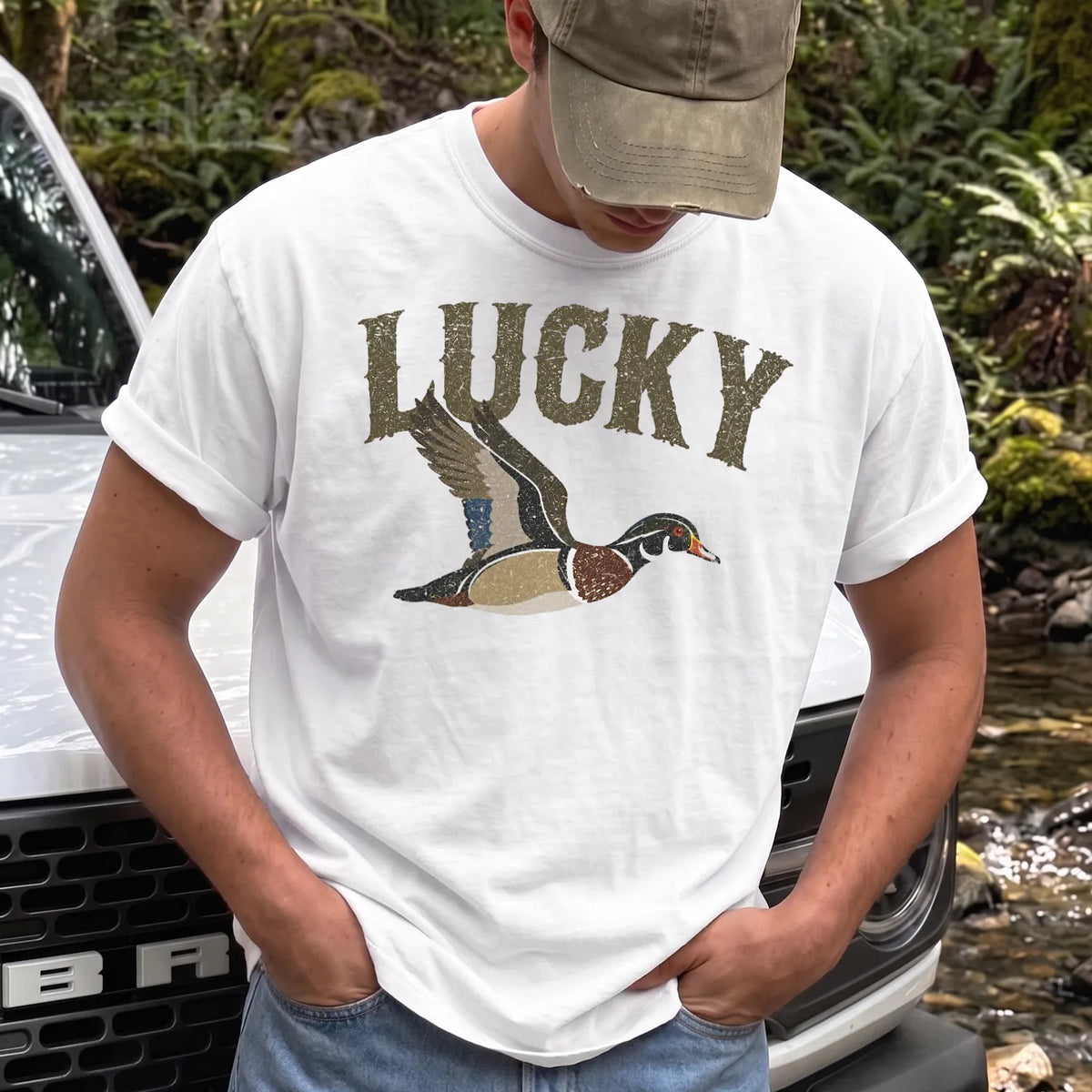 Lucky Mallard Duck T-Shirt Men model in White