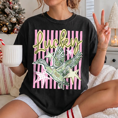 Lucky Mallard Stripe T-Shirt Women model in Black