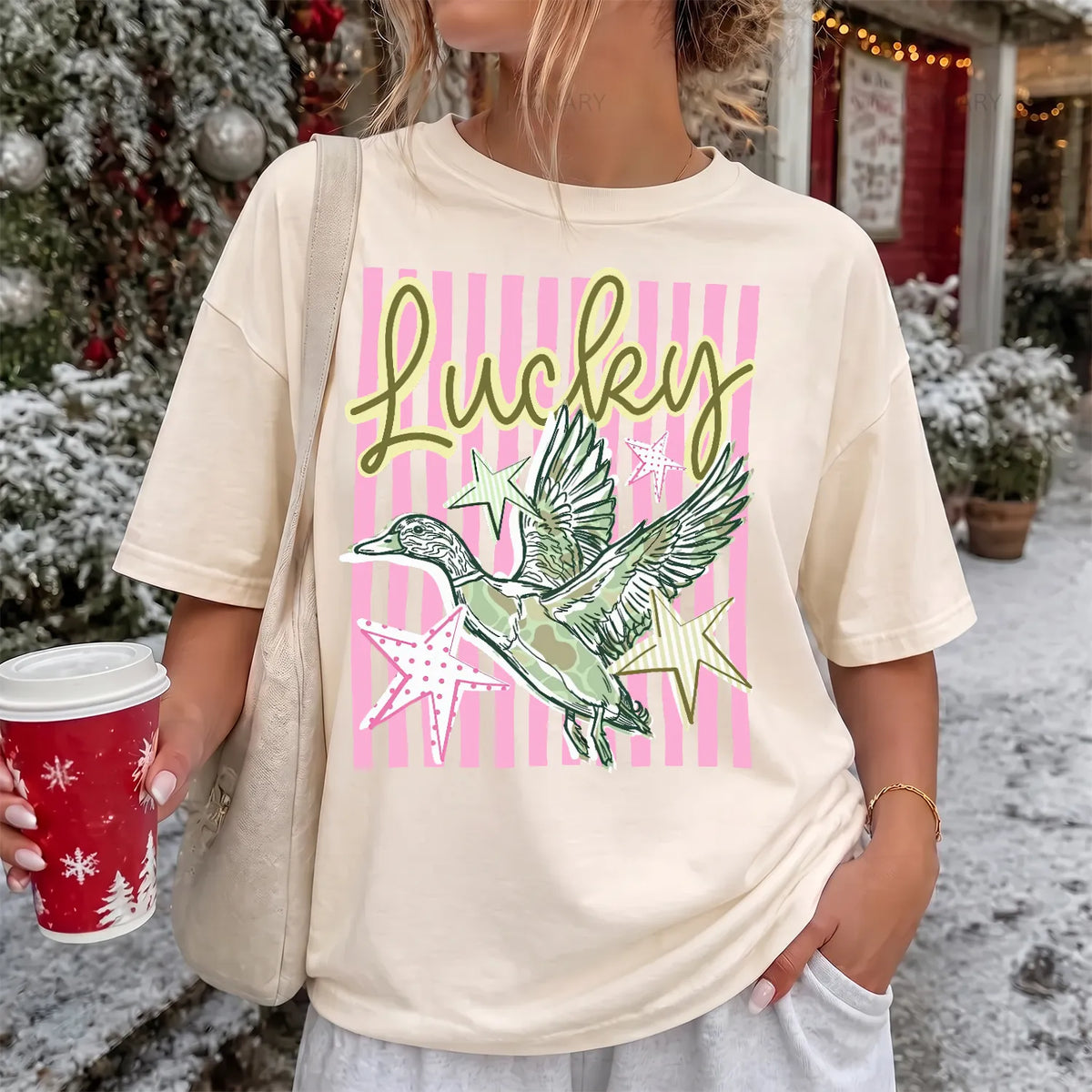 Lucky Mallard Stripe T-Shirt Women model in Ivory