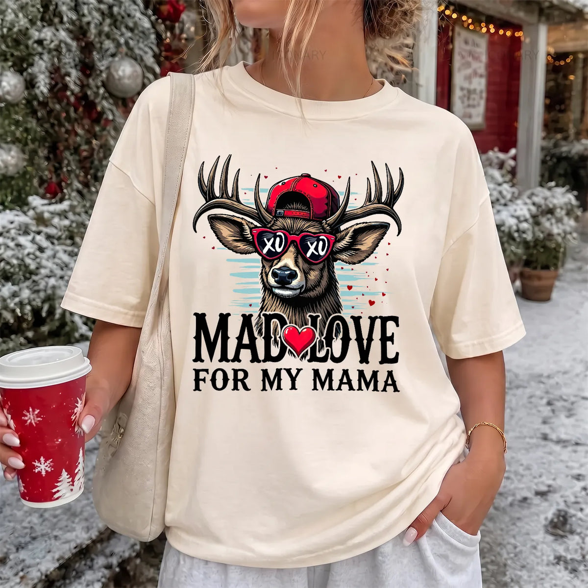 Mad Love for My Mama Deer T-Shirt Women model in Ivory