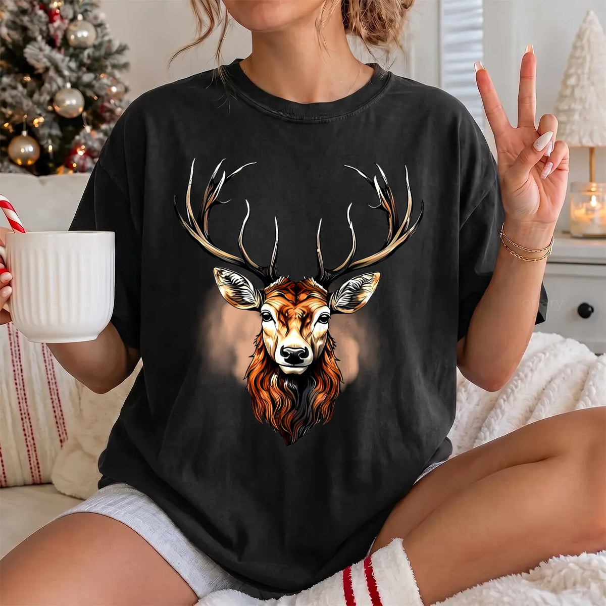 Majestic Buck Portrait T-Shirt Women model in Black