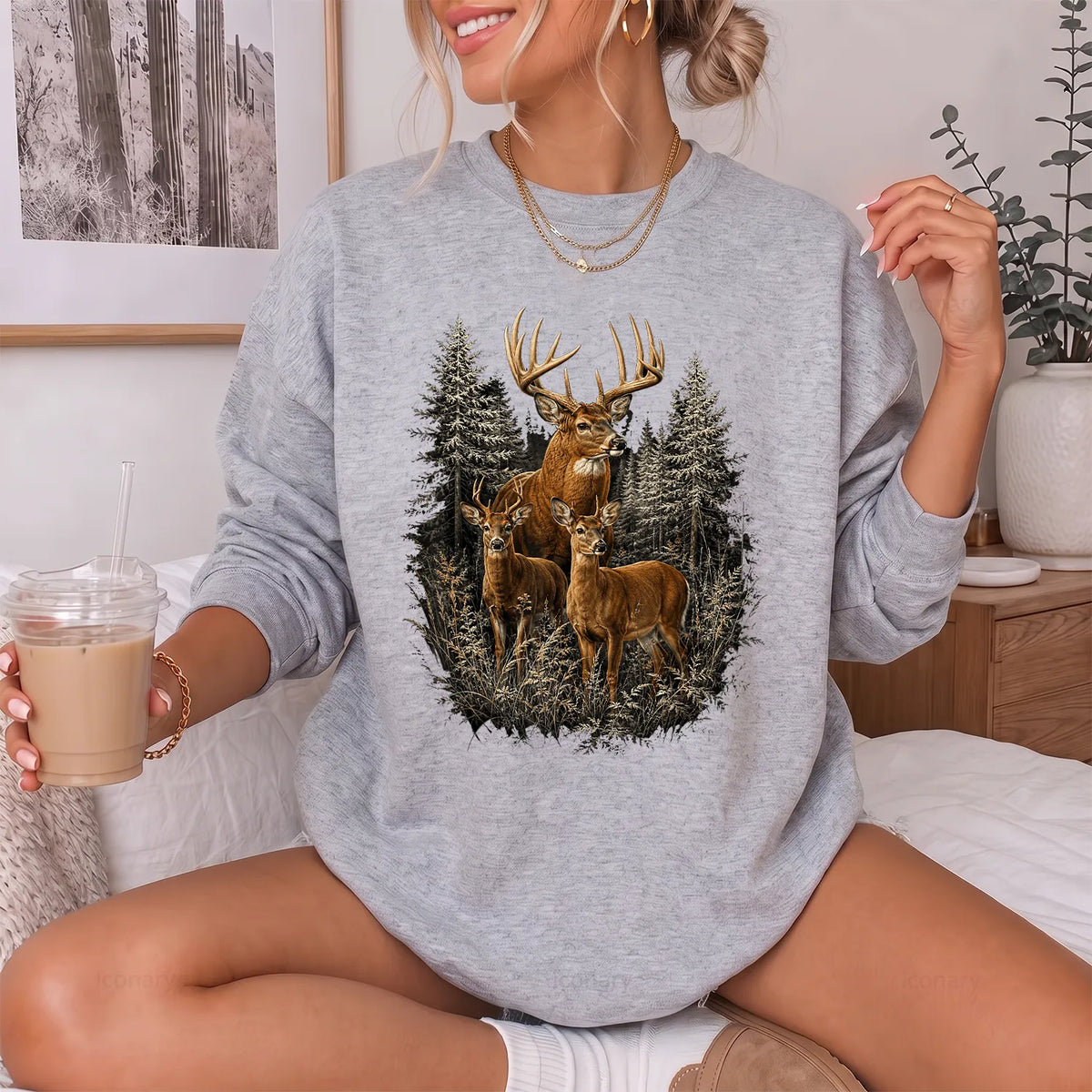 Majestic Whitetail Forest Sweatshirt Women model in Sport Grey