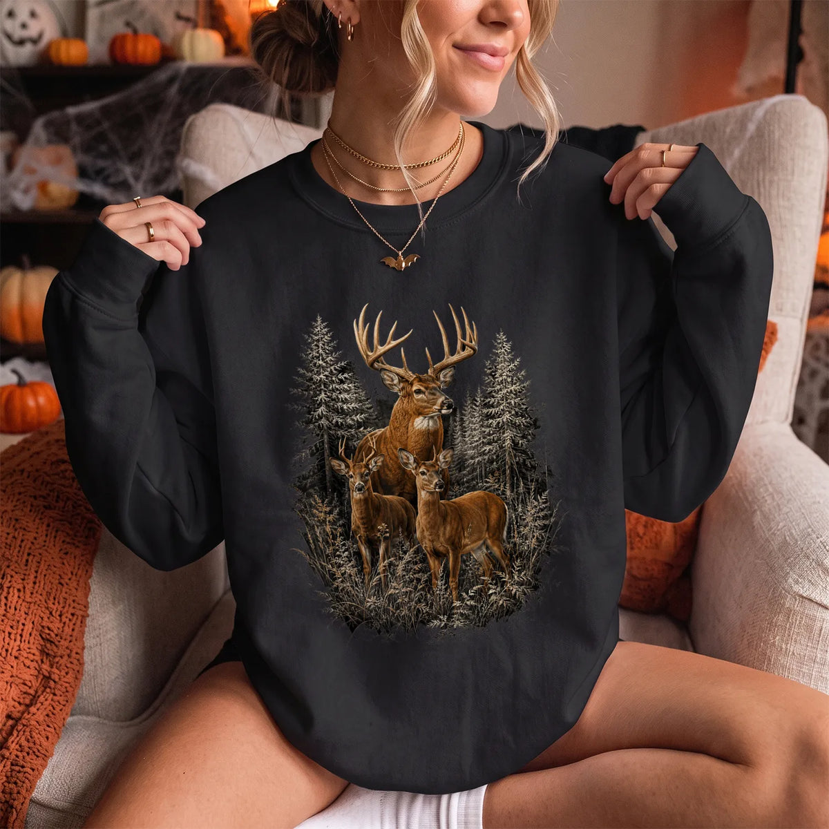 Majestic Whitetail Forest Sweatshirt Women model in Black