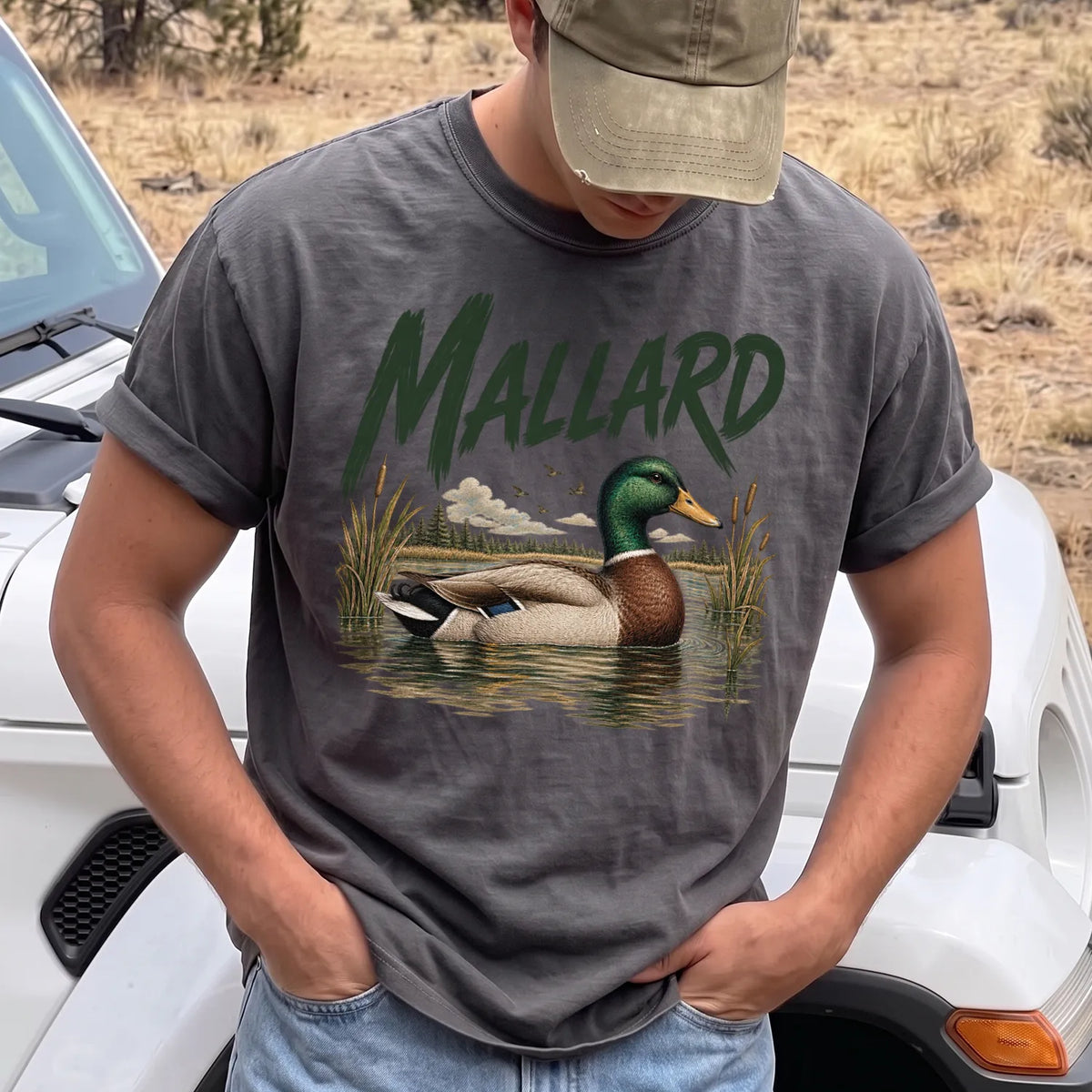 Mallard Duck Pond T-Shirt Men model in Pepper