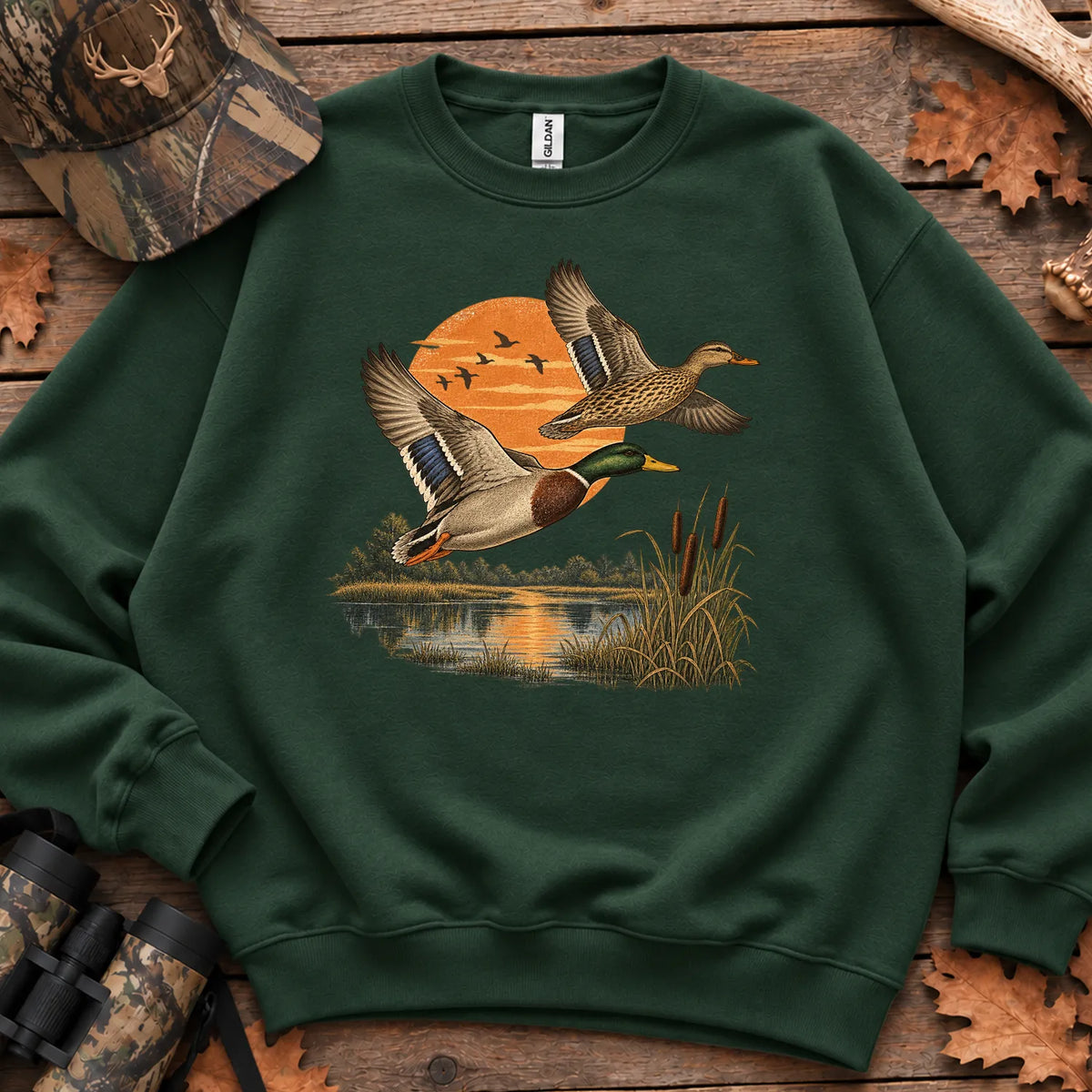Mallard Duck Sunset Sweatshirt in Forest Green