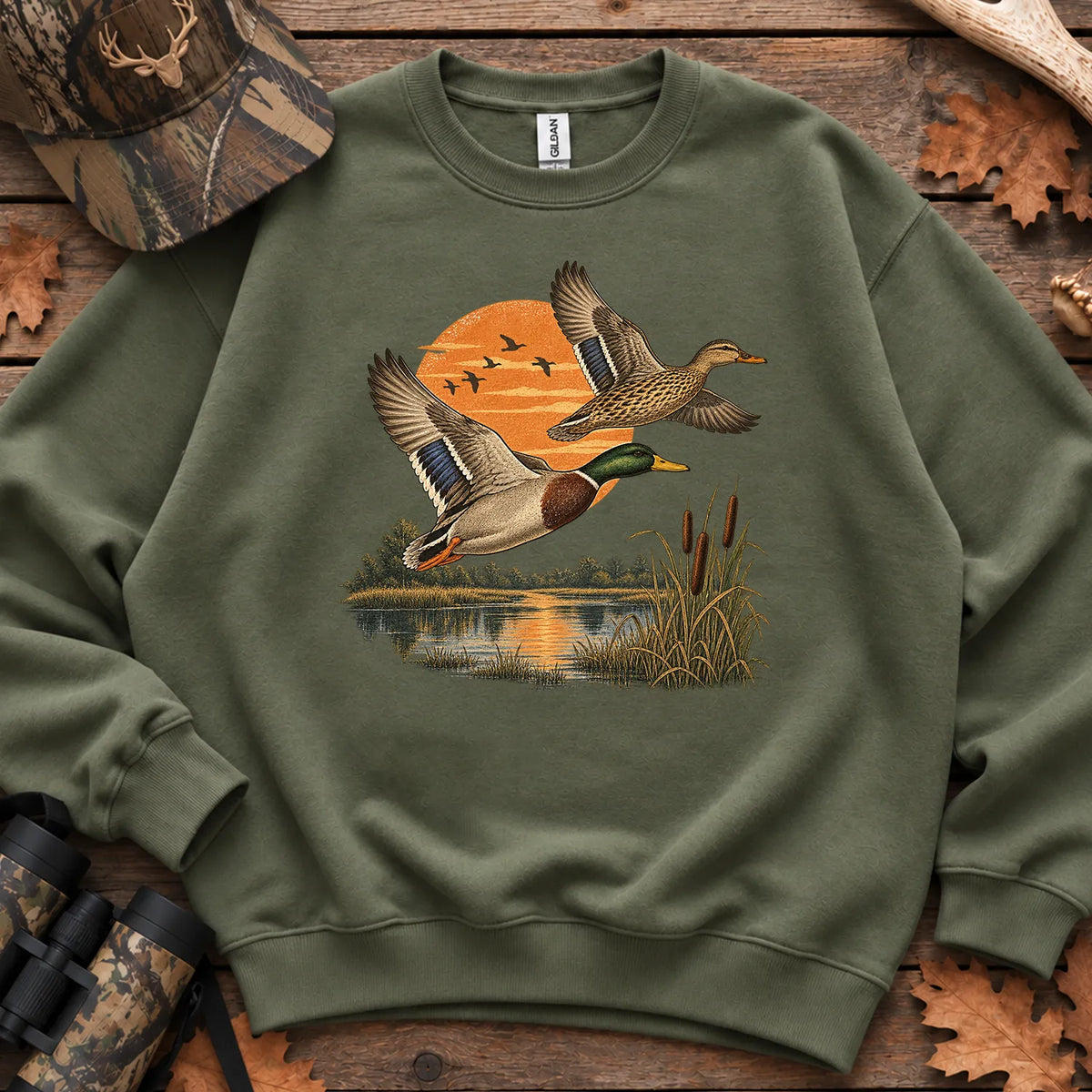 Mallard Duck Sunset Sweatshirt in Military Green