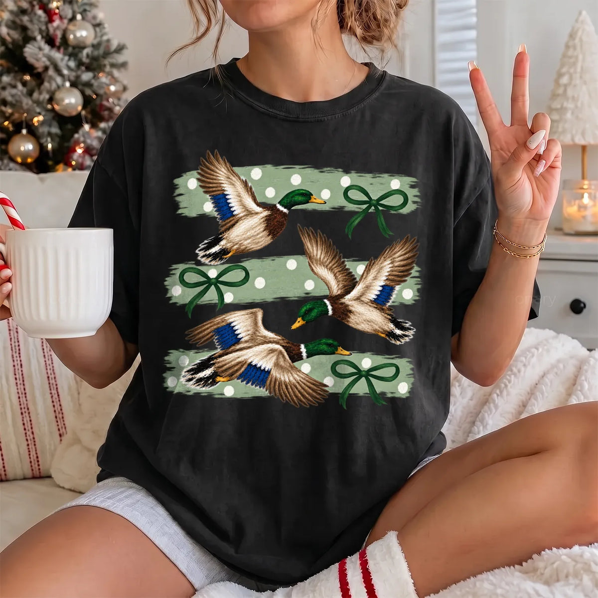 Mallard Ducks and Bows T-Shirt Women model in Black